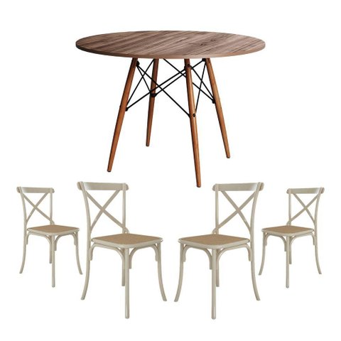 Jogo de Mesa Eiffel Redondo Tampo de Madeira 90cm Amêndoa com 4 Cadeiras Katrina Off Whiteo B