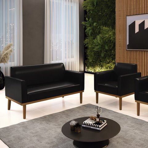 Conjunto Poltrona e Namoradeira Decorativa Isabella Pés Fixo em Madeira Castanho Pu Preto Brilho G19