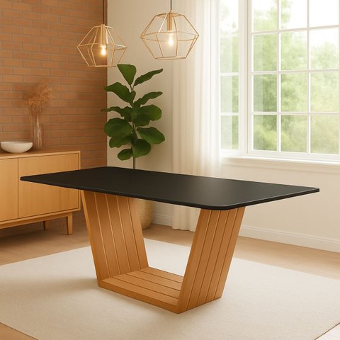 Mesa de Jantar Retangular 160x90 Mdf/vidro para 6 Lugares Pés Madeira Maciça Safira - Mel/preto