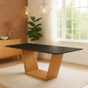 Ver imagem 1 de Mesa de Jantar Retangular 160x90 Mdf/vidro para 6 Lugares Pés Madeira Maciça Safira - Mel/preto