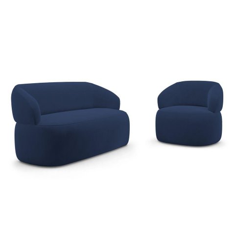 Kit Poltrona Giratória e Sofá Orgânico Living Glee 02 Lugares 140cm Veludo Azul Marinho Desk