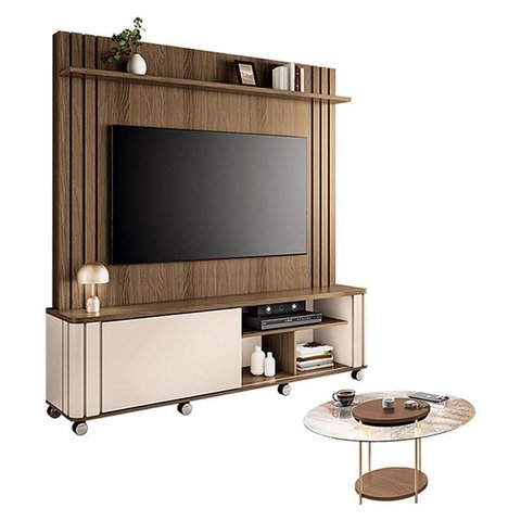 Estante Home Theater Trinus Castanho Off White com Mesa de Centro Sky com Tampo de Vidro Castanho -