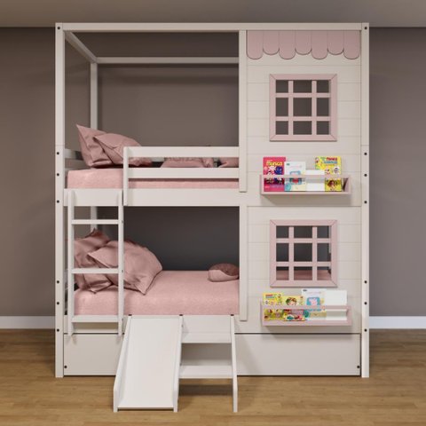 Treliche Casinha Reta 2 Janelas Escorregador Branco Rosa