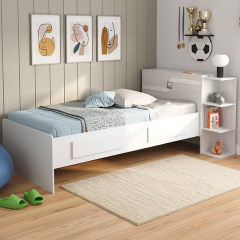 Cama de Solteiro Hortência com Baú e 4 Prateleiras