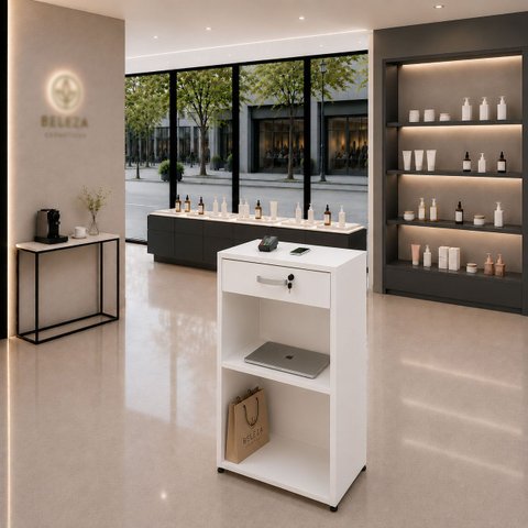 Balcão Caixa 60x40cm para Atendimento e Recepção Comercial com Gaveta