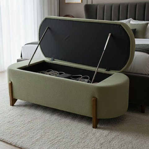 Banco Baú Organizador Estofado Orgânico Milão Peseira 1,40 Bouclê Verde Oliva - Montanari's Decor