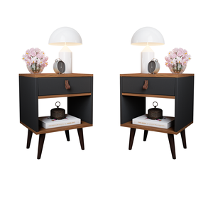 Kit 2 Mesas de Cabeceira Mesinha para Quarto 1 Gaveta Puxador em Couro Ravenna - Preto com Freijó