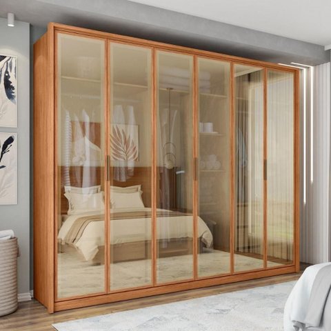 Guarda Roupa Casal Lisboa Buriti 6 Portas de Bater 6 Gavetas MDP Freijó Mais de Casa 265cm