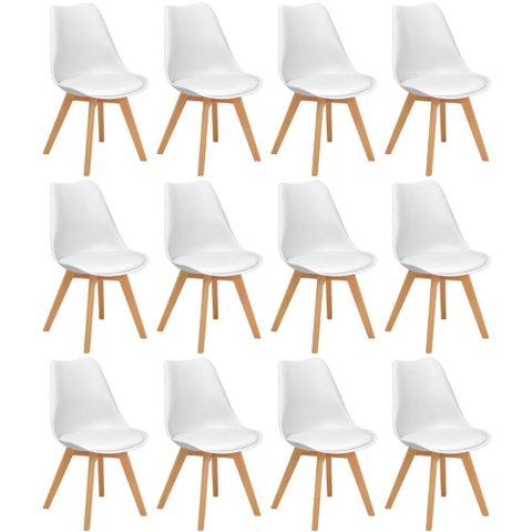 Conjunto 12 Cadeiras de Jantar Eames Wood Leda Design Estofada - Branco