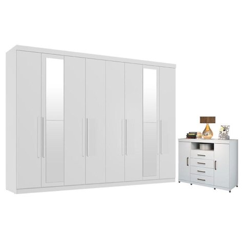 Guarda Roupa Casal com Cômoda Master New 8 Portas de Bater 4 Gavetas MDP Branco Brilho Santos Andir