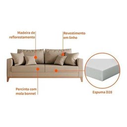 Sofá 3 Lugares Beny Base Madeira 180 Cm Linho Cinza - Fm - 4