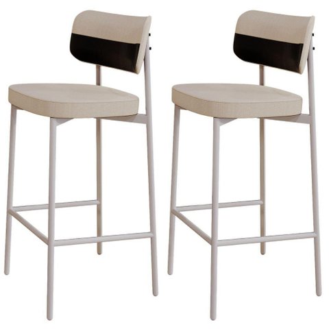 Kit 02 Banquetas Alta Bar Cozinha Sala de Jantar Aço Branco Kaira C01 Linho Areia Courino Preto -