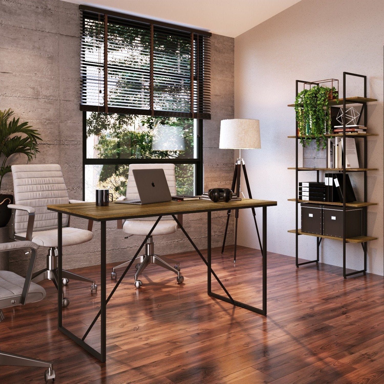 Conjunto Mesa para Escritório 135cm Office e Estante Multiuso 5 Prateleiras Placa e Ponto