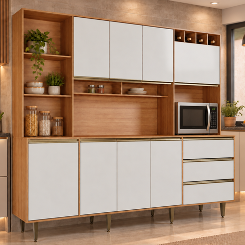Armário de Cozinha 8 Portas 3 Gavetas Nicho Versatti Branco/Freijó/Off White