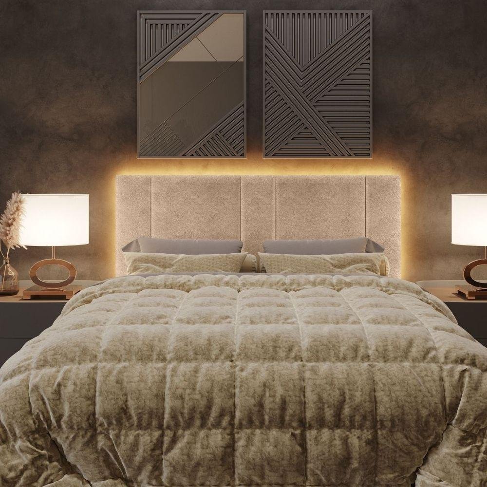 Cabeceira Estofada Cama Casal Queen Size Led Star 160cm Buclé Bege - 2