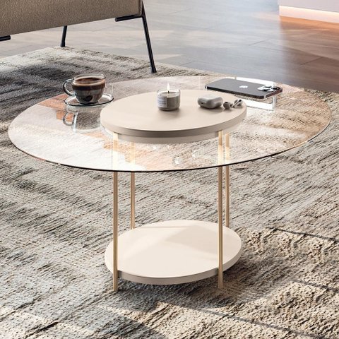 Mesa de Centro para Sala Redonda Tampo Vidro Pés Aço Allure B01 Off White - Lyam Decor