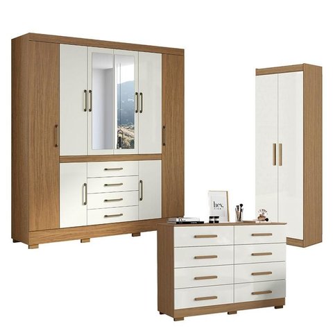 Guarda Roupa Casal Nápole 2045149 e Armário Multiuso 2000191 e Cômoda 2014148 Atacama Off White - Ar
