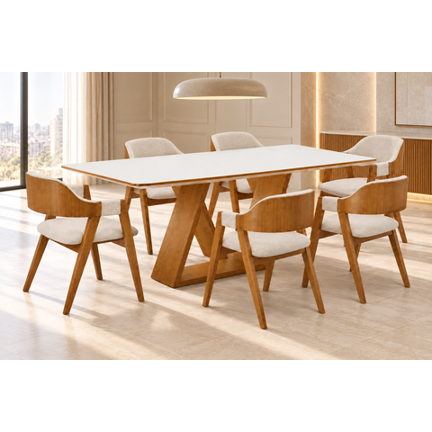 Sala de Jantar 6 Cadeiras Mesa 2,20x1,10 Europa - Imperial:Linho Cru