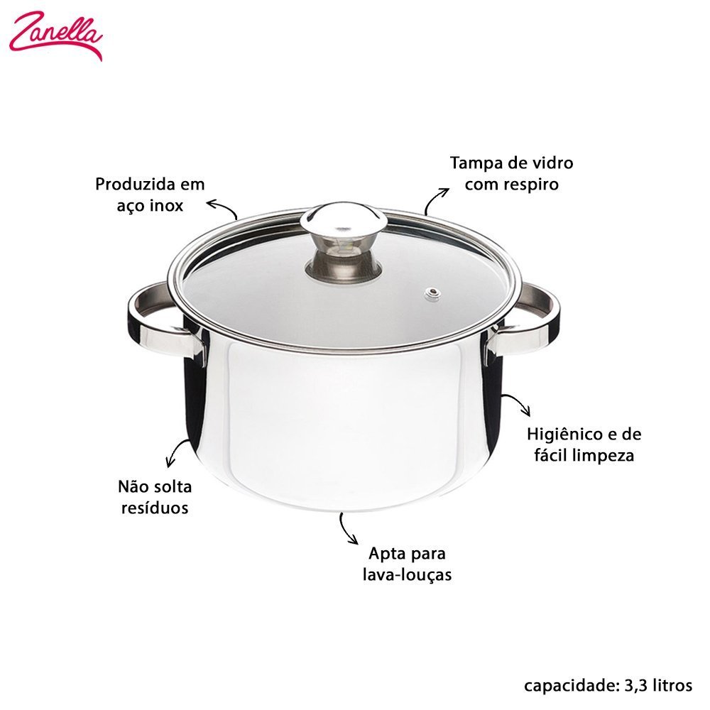 Panela Aço Inox 3,3l Tampa de Vidro Respiro Caldeirão Avulsa - 2