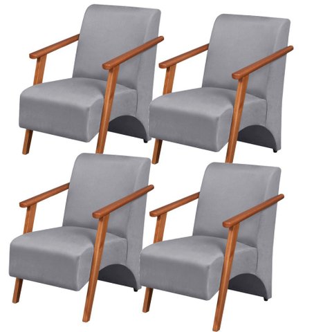 Kit 4 Poltronas Venus 1 Lugar Braço Madeira Maciça Tecido Suede Unidecor Cinza