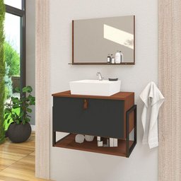 Gabinete de Banheiro Vegas 1 Prateleira 1 Porta 60cm Natura e Cinza Titanium - Cinza - 1