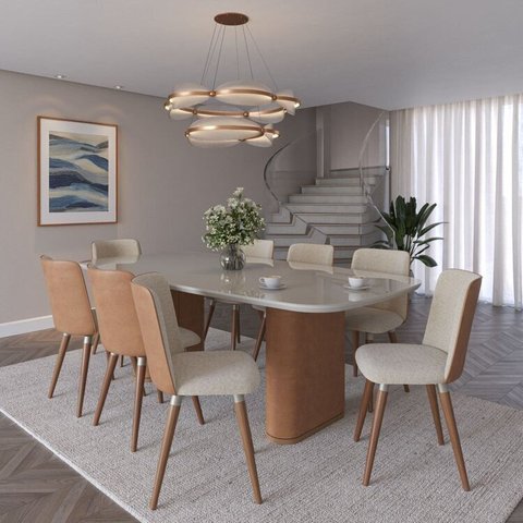 Conjunto Sala de Jantar Lintz Retangular com 8 Cadeiras Giratórias com Pés em Madeira Maciça Dakota