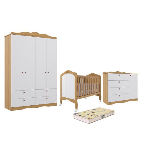 Dormitório Encanto Guarda-roupa, Cômoda e Berço Harmonia Nature/branco com Colchão Supreme -