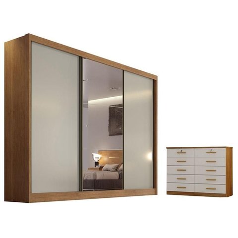 Guarda Roupa Casal Sonetto com Espelho e Gaveteiro Milão com Chave Cumaru 25 Fendi - Novo Horizonte