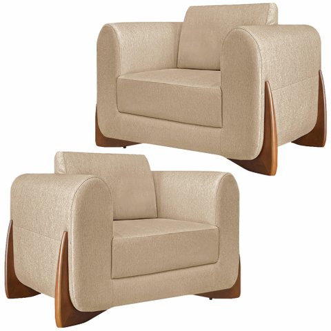 Kit 2 Poltronas Decorativas Pés em Madeira Buzz Linho Bege - Gran Belo