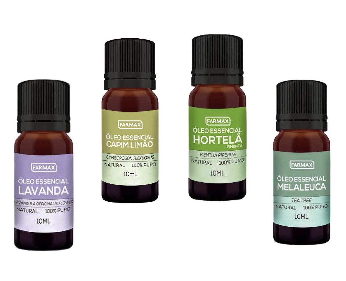 KIT 4 u ÓLEO ESSENCIAL FARMAX 4x10ML: 1 OE MELALEUCA TEA TREE + 1 OE HORTELÃ PIMENTA MENTA - 1