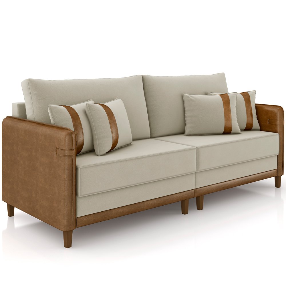 Sofá 3 Lugares Sala de Estar Living 232cm Asbury K01 Veludo Bege Couríssimo Camel - Lyam Decor