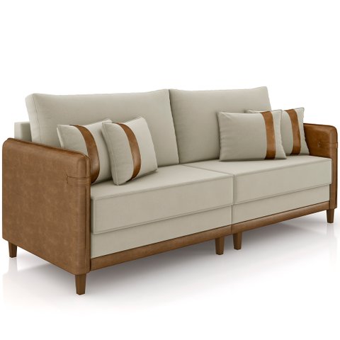 Sofá 3 Lugares Sala de Estar Living 232cm Asbury K01 Veludo Bege Couríssimo Camel - Lyam Decor