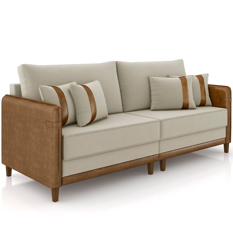 Sofá 3 Lugares Sala de Estar Living 232cm Asbury K01 Veludo Bege Couríssimo Camel - Lyam Decor