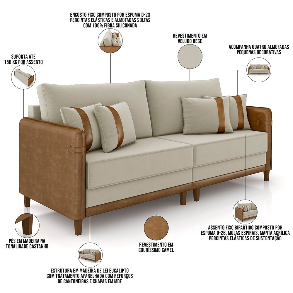 Sofá 3 Lugares Sala de Estar Living 232cm Asbury K01 Veludo Bege Couríssimo Camel - Lyam Decor - 4