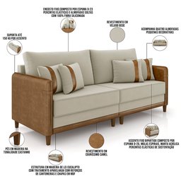 Sofá 3 Lugares Sala de Estar Living 232cm Asbury K01 Veludo Bege Couríssimo Camel - Lyam Decor - 4
