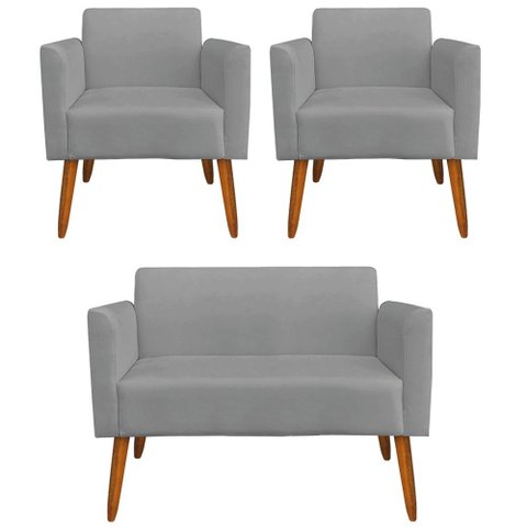 Conjunto Namoradeira e 2 Poltronas Decorativas Isabella Pés Palito Madeira Suede Grafite - Gran Belo