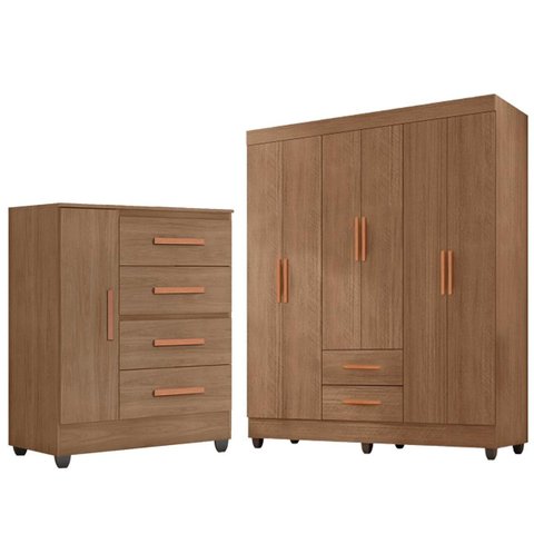 Kit Guarda-Roupa Casal 6 Portas e Cômoda Sapateira 1 Porta Lisa Carvalho Oak