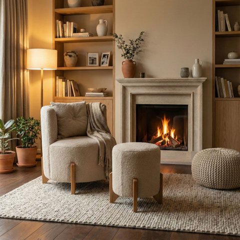 Kit Poltrona e Puff Luna Decorativa Curvo Orgânico Boucle Bege - Montanaris Decor