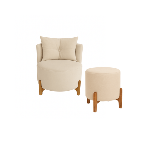 Kit Poltrona e Puff Luna Decorativa Curvo Orgânico Boucle Bege - Montanaris Decor