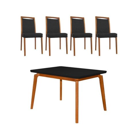 Mesa Jantar Jade 120x90cm Preto com 4 Cadeiras Estofadas em Couro Pu Preta Base Madeira Maciça Mel