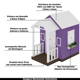 Casinha de Brinquedo Artesanal com Varanda MDF Branco/Lilás - Criança Feliz Casinha com Varanda - 4