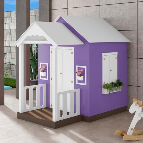 Casinha de Brinquedo Artesanal com Varanda MDF Branco/Lilás - Criança Feliz Casinha com Varanda