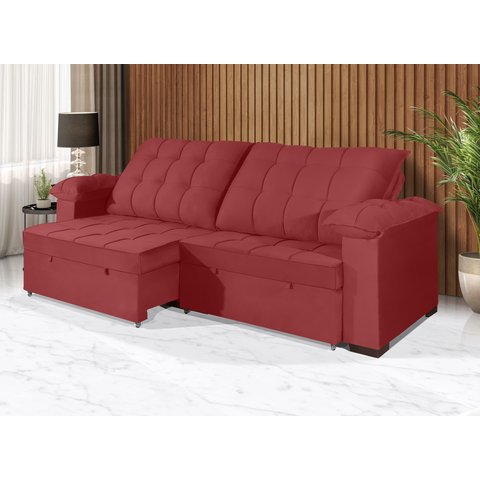 Sofá Retrátil e Reclinável 2,50m Canadá Estilo Estofados - Suede Veludo Cor "vermelho"