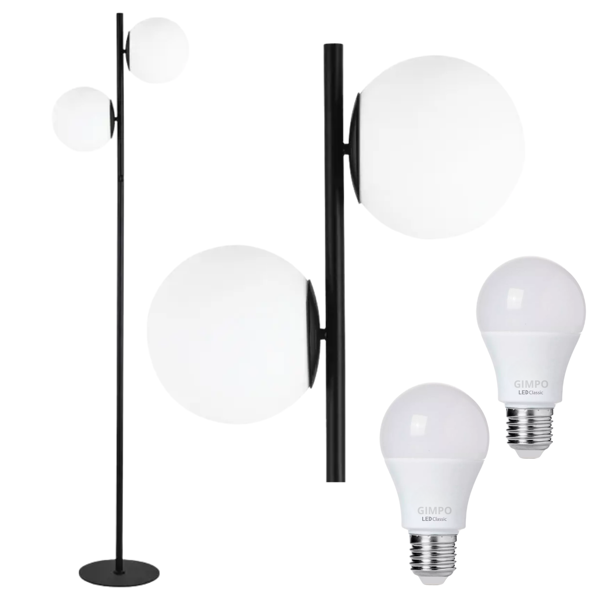 Luminária Piso Chão 162cm Jabuticaba 2 Globos Kjtd-710-preto + 2 Lâmpadas Led 9w Bivolt