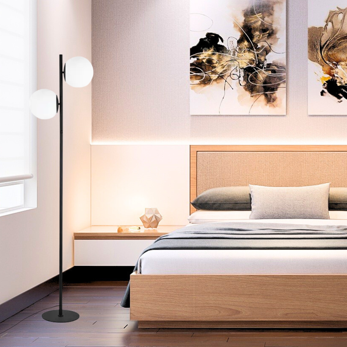 Luminária Piso Chão 162cm Jabuticaba 2 Globos Kjtd-710-preto + 2 Lâmpadas Led 9w Bivolt - 8