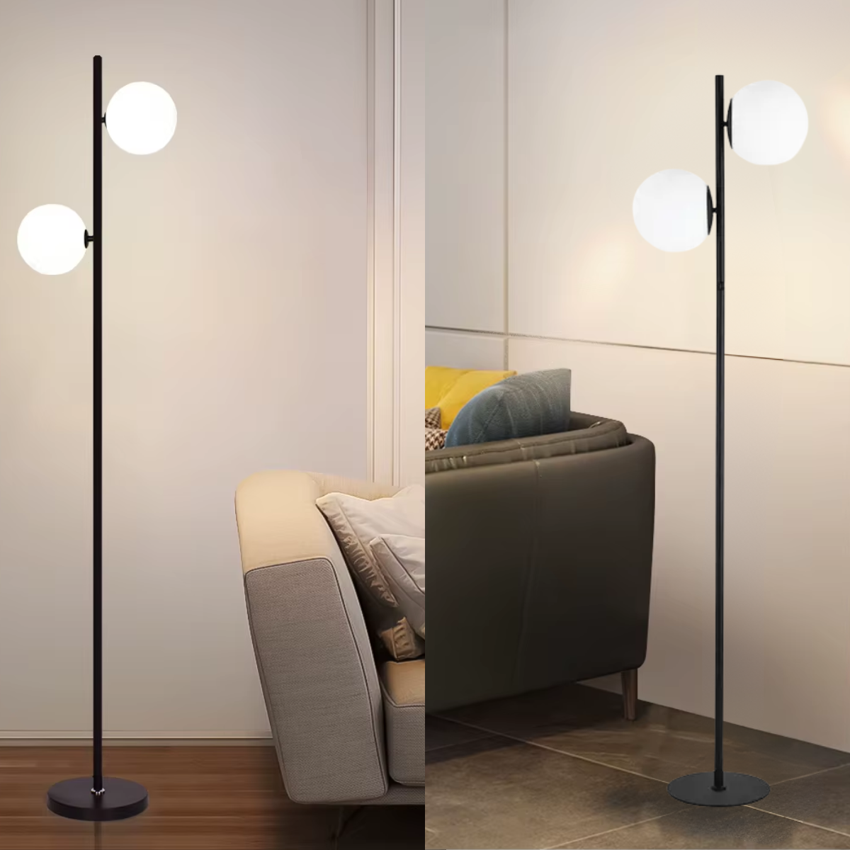 Luminária Piso Chão 162cm Jabuticaba 2 Globos Kjtd-710-preto + 2 Lâmpadas Led 9w Bivolt - 9