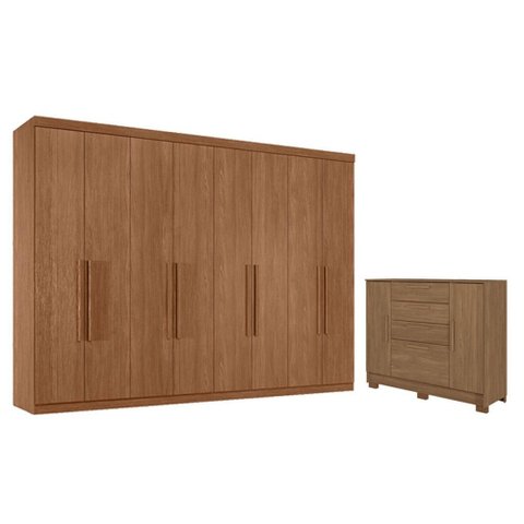 Guarda Roupa Casal 8 Portas 4 Gavetas Master New e Cômoda Pinhais Jatobá Acetinado - Santos Andirá