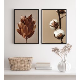 Kit 2 Quadros Decorativos Flores Modernas Marrom 33x24cm - com Vidro:madeira Preta - 2