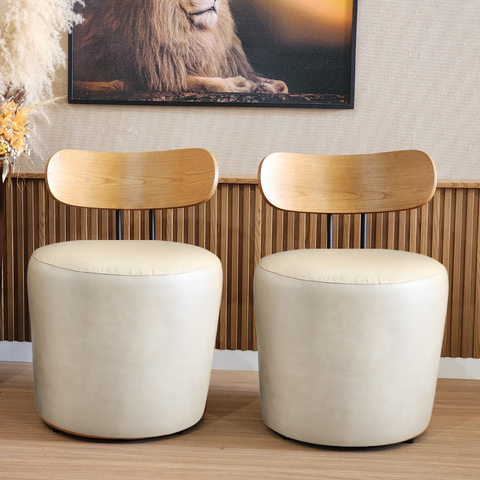 Kit 2 Puff Poltrona Vênus Redondo Encosto de Madeira Veludo Bege - Harmônica