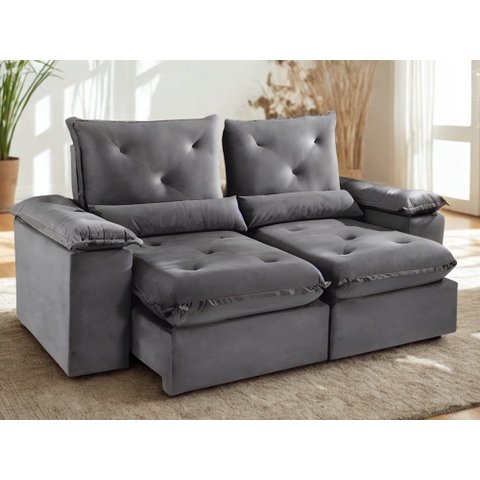 Sofa Xangai Retratil e Reclinavel 2,50 Metros Fernandes Estofados Cor Veludo Cinza